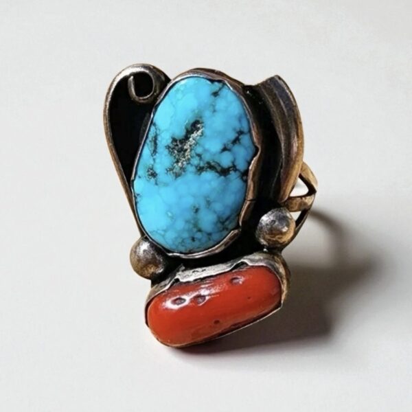 Vintage Navajo Platero Hallmark Turquoise Ring Signed 5.75 Morenci Coral Silver