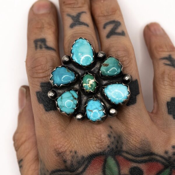 Turquoise Silver Ring Size 6.5 Royston Blue Cluster Statement Flower Southwest