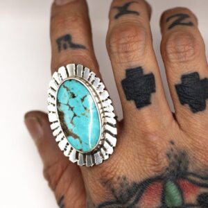 Silver Tyrone Turquoise Ring Sunburst Oval Blue Southwestern Santa Fe Signed