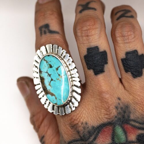 Silver Tyrone Turquoise Ring Sunburst Oval Blue Southwestern Santa Fe Signed