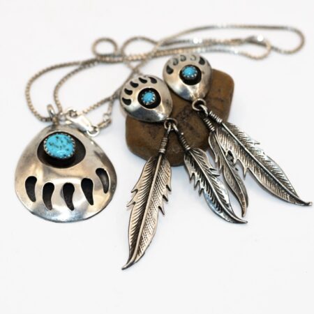 Silver Bear Shash Pendant Earrings Vintage Shadow box Turquoise With Chain