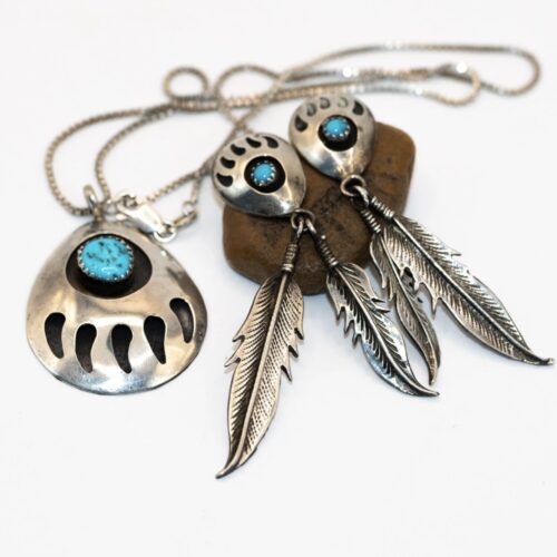 Silver Bear Shash Pendant Earrings Vintage Shadow box Turquoise With Chain