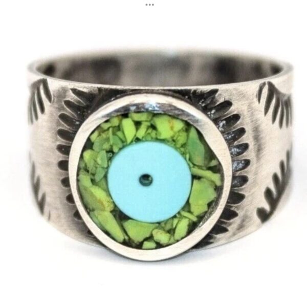 Turquoise Green Inlay Ring size 10 Western Stamped Southwest Sonoran Gold Silver