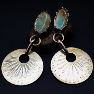 Gypsy Eliza Turquoise Engraved Brass Earrings Bohemian Dangle Gold Tone