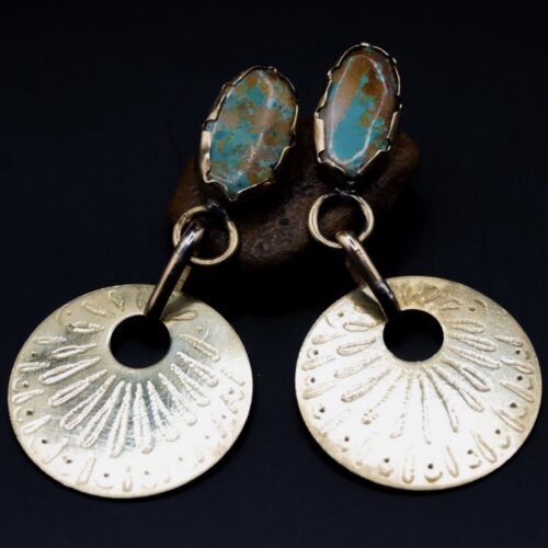 Gypsy Eliza Turquoise Engraved Brass Earrings Bohemian Dangle Gold Tone