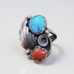 Vintage Navajo Turquoise Coral Silver Ring Size 4.75 Native Sleeping Beauty