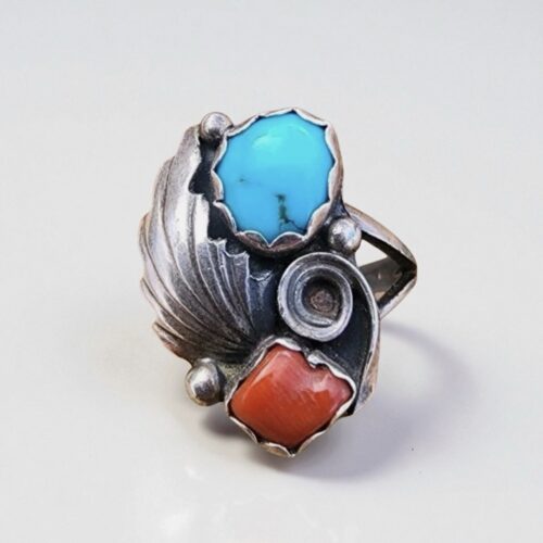 Vintage Navajo Turquoise Coral Silver Ring Size 4.75 Native Sleeping Beauty