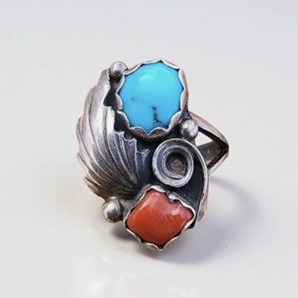 Vintage Navajo Turquoise Coral Silver Ring Size 4.75 Native Sleeping Beauty