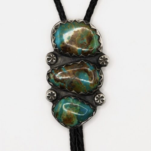 Large Fox Mine Turquoise Bolo Tie Silver Ingot Southwestern Wear Signed Unisex